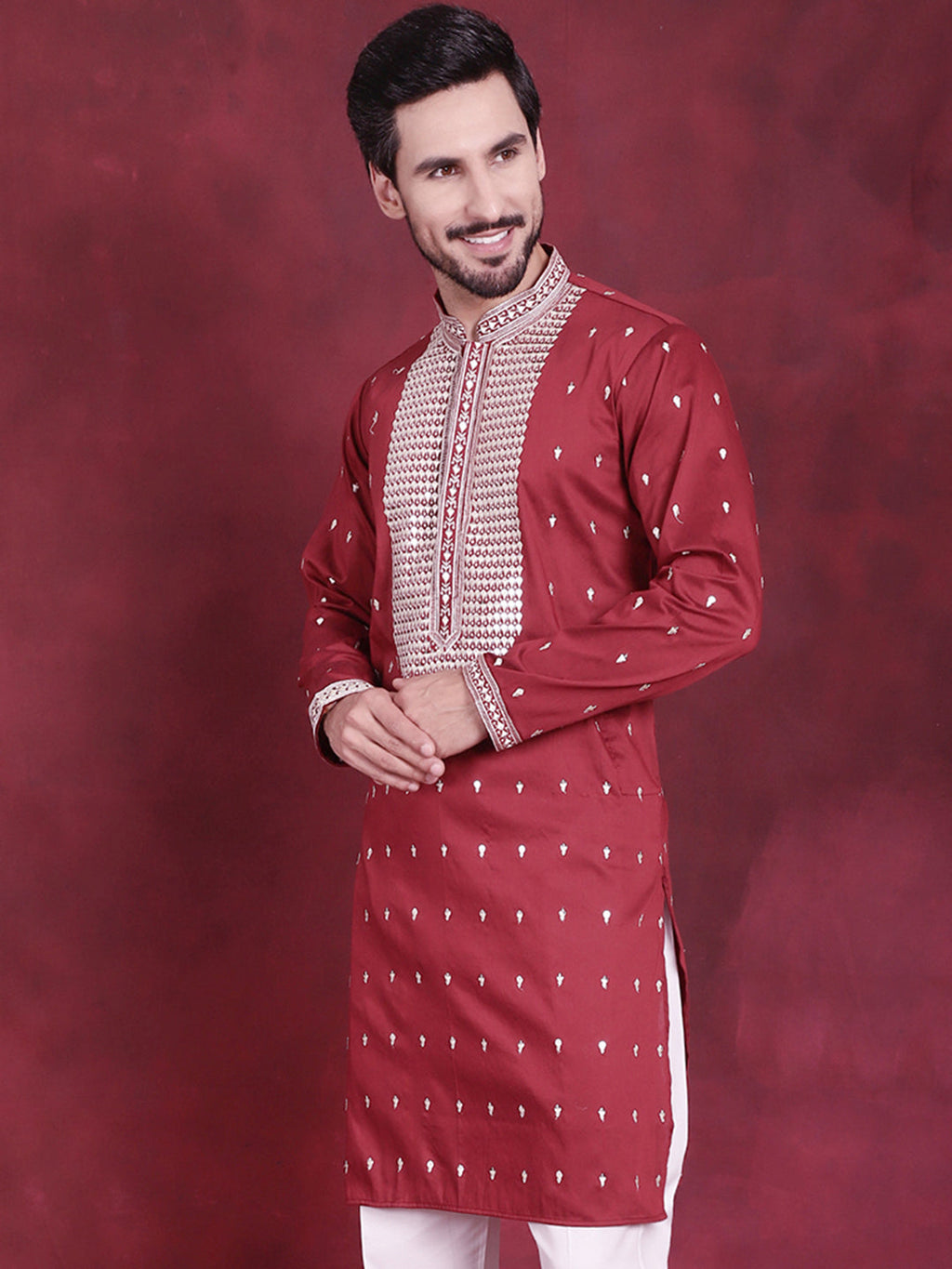 Jompers Men's Sequins Embroidered Kurta - Maroon | Grocsy