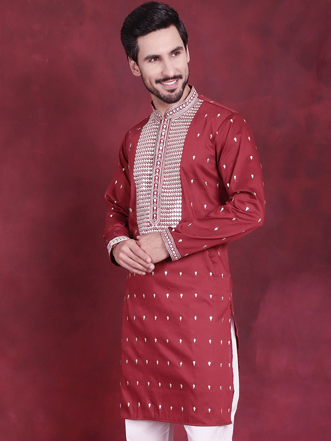 Jompers Men's Sequins Embroidered Kurta - Maroon | Grocsy