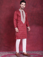 Jompers Men's Sequins Embroidered Kurta - Maroon | Grocsy