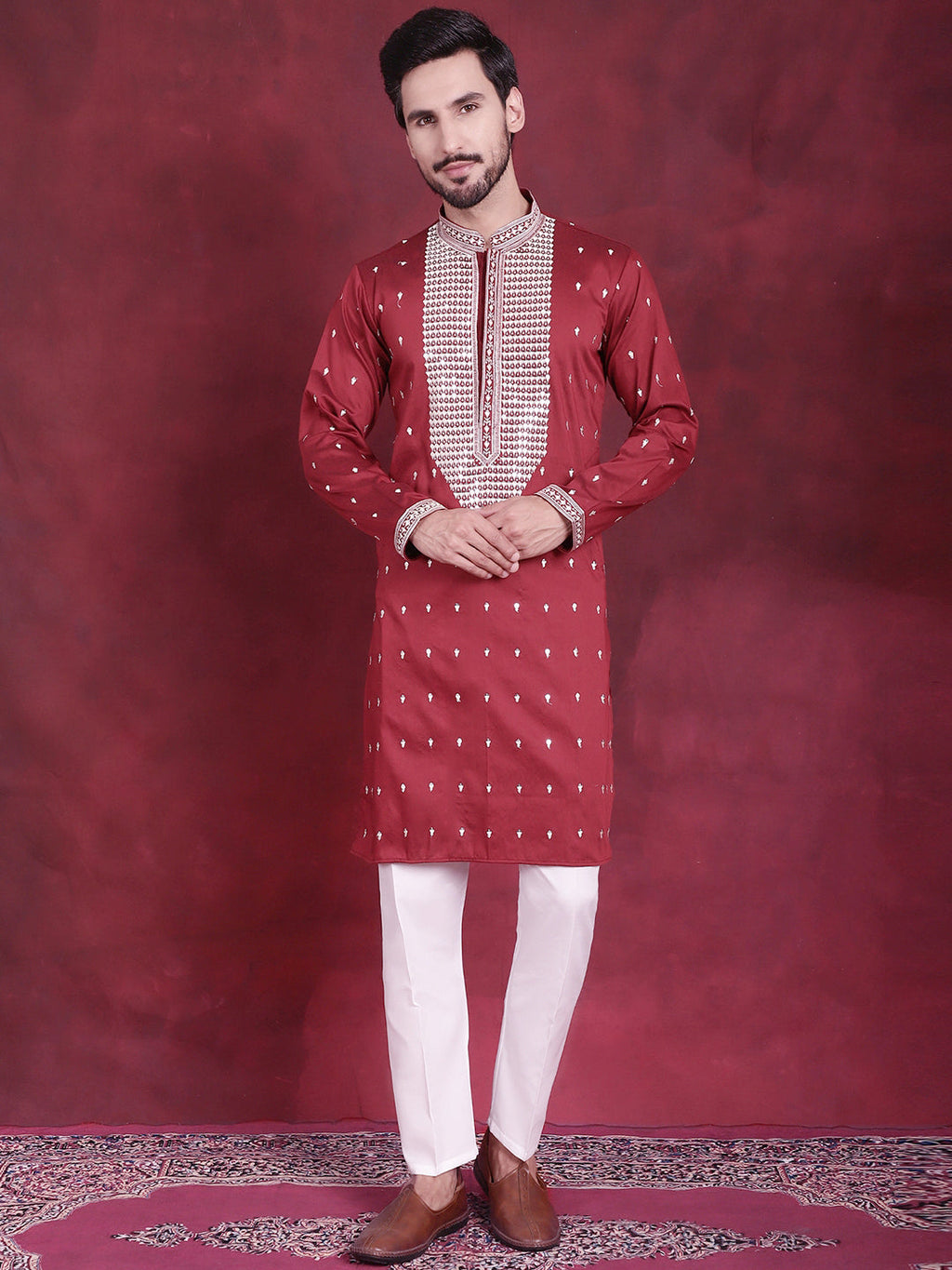 Jompers Men's Sequins Embroidered Kurta - Maroon | Grocsy