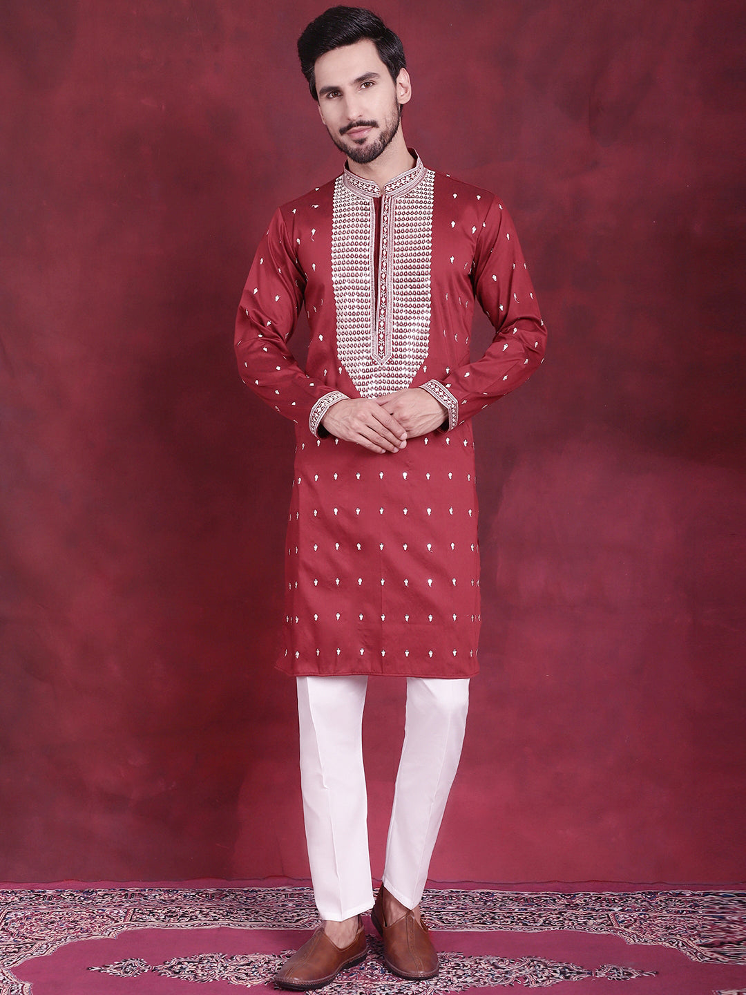 Jompers Men's Sequins Embroidered Kurta - Maroon | Grocsy