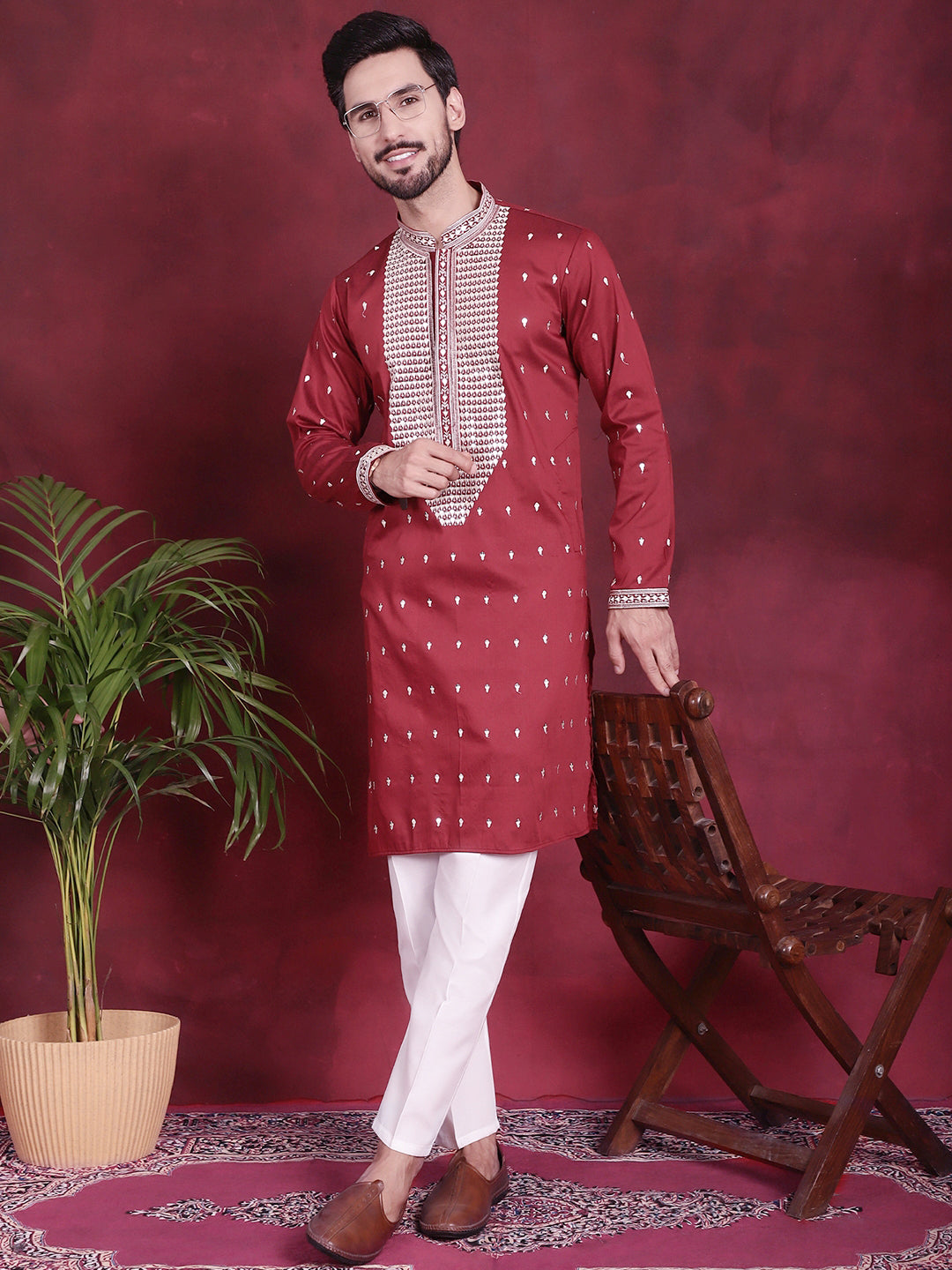 Jompers Men's Sequins Embroidered Kurta - Maroon | Grocsy