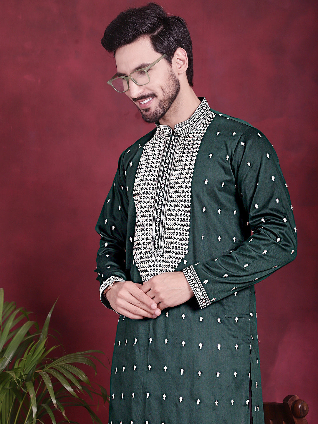 Jompers Men's Sequins Embroidered Kurta - Olive | Grocsy