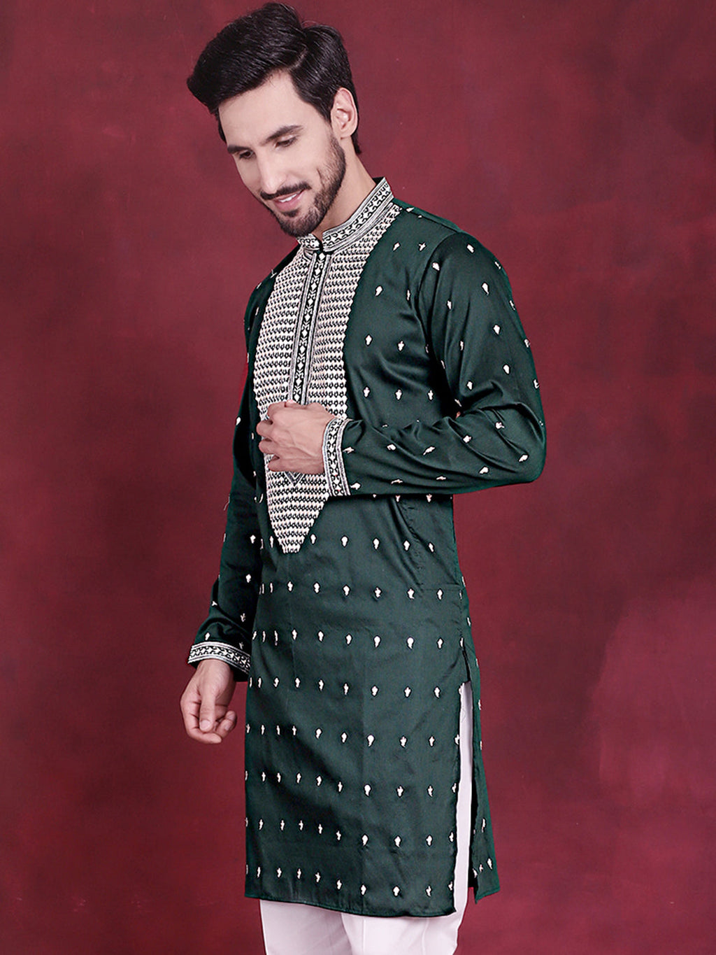 Jompers Men's Sequins Embroidered Kurta - Olive | Grocsy