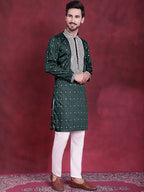 Jompers Men's Sequins Embroidered Kurta - Olive | Grocsy