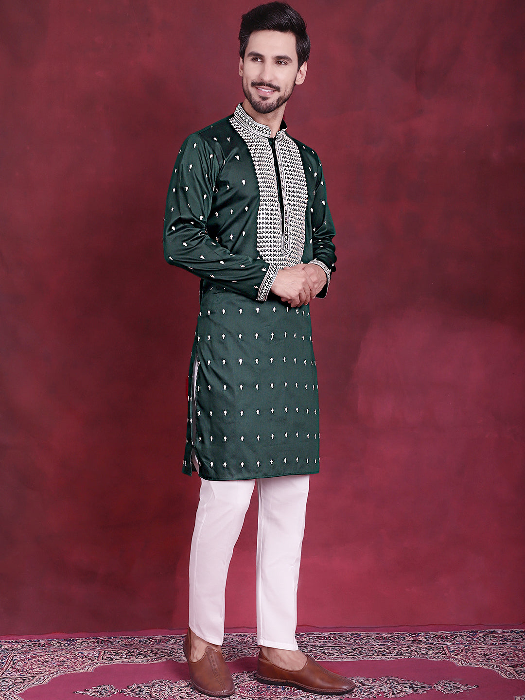 Jompers Men's Sequins Embroidered Kurta - Olive | Grocsy