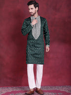 Jompers Men's Sequins Embroidered Kurta - Olive | Grocsy