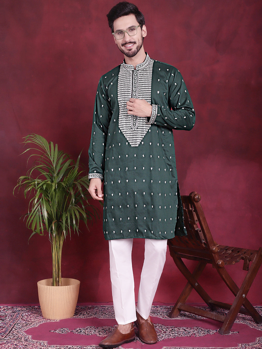 Jompers Men's Sequins Embroidered Kurta - Olive | Grocsy