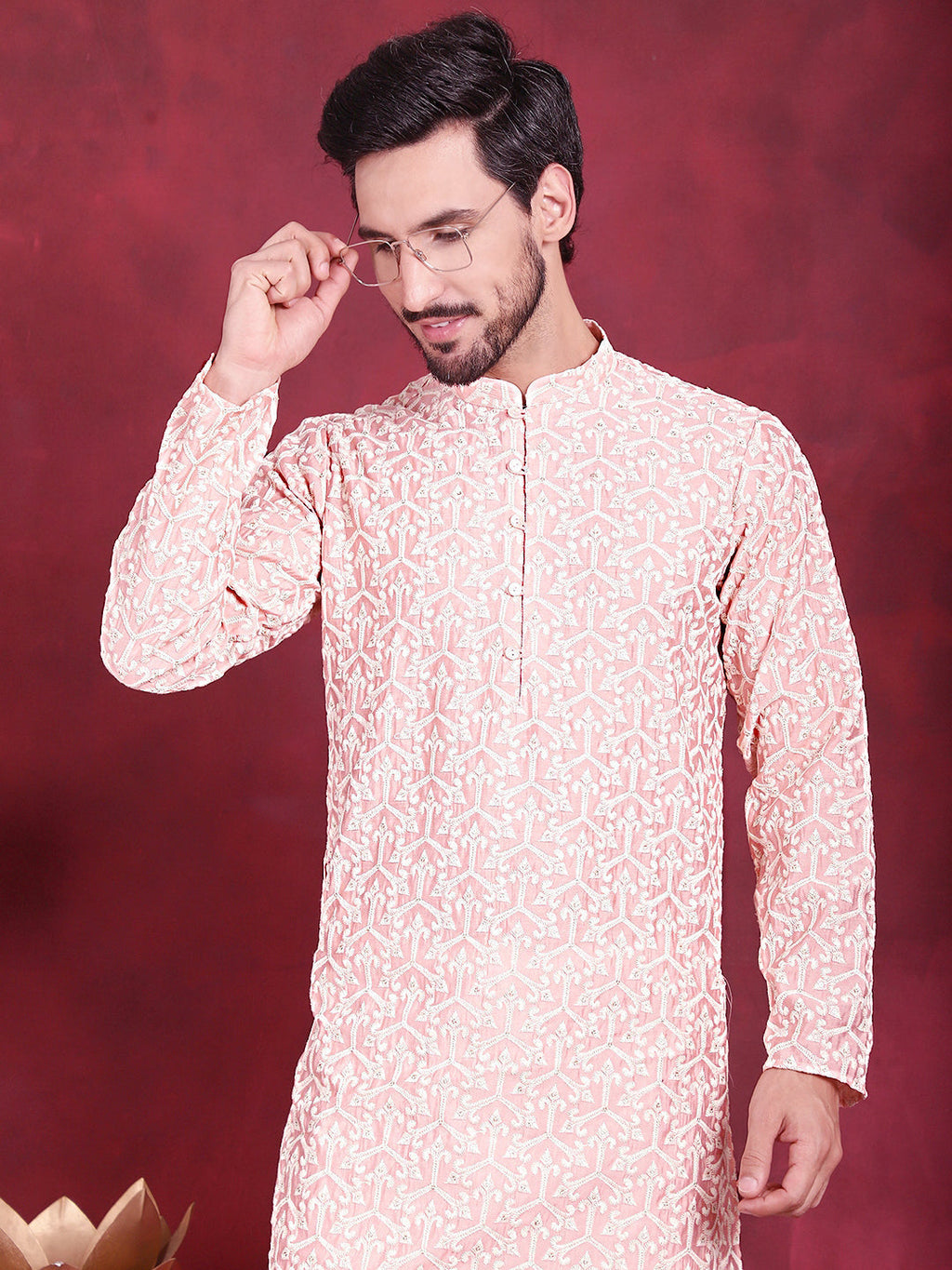 Jompers Men's Chikankari Embroidered Kurta - Pink | Grocsy