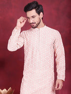 Jompers Men's Chikankari Embroidered Kurta - Pink | Grocsy