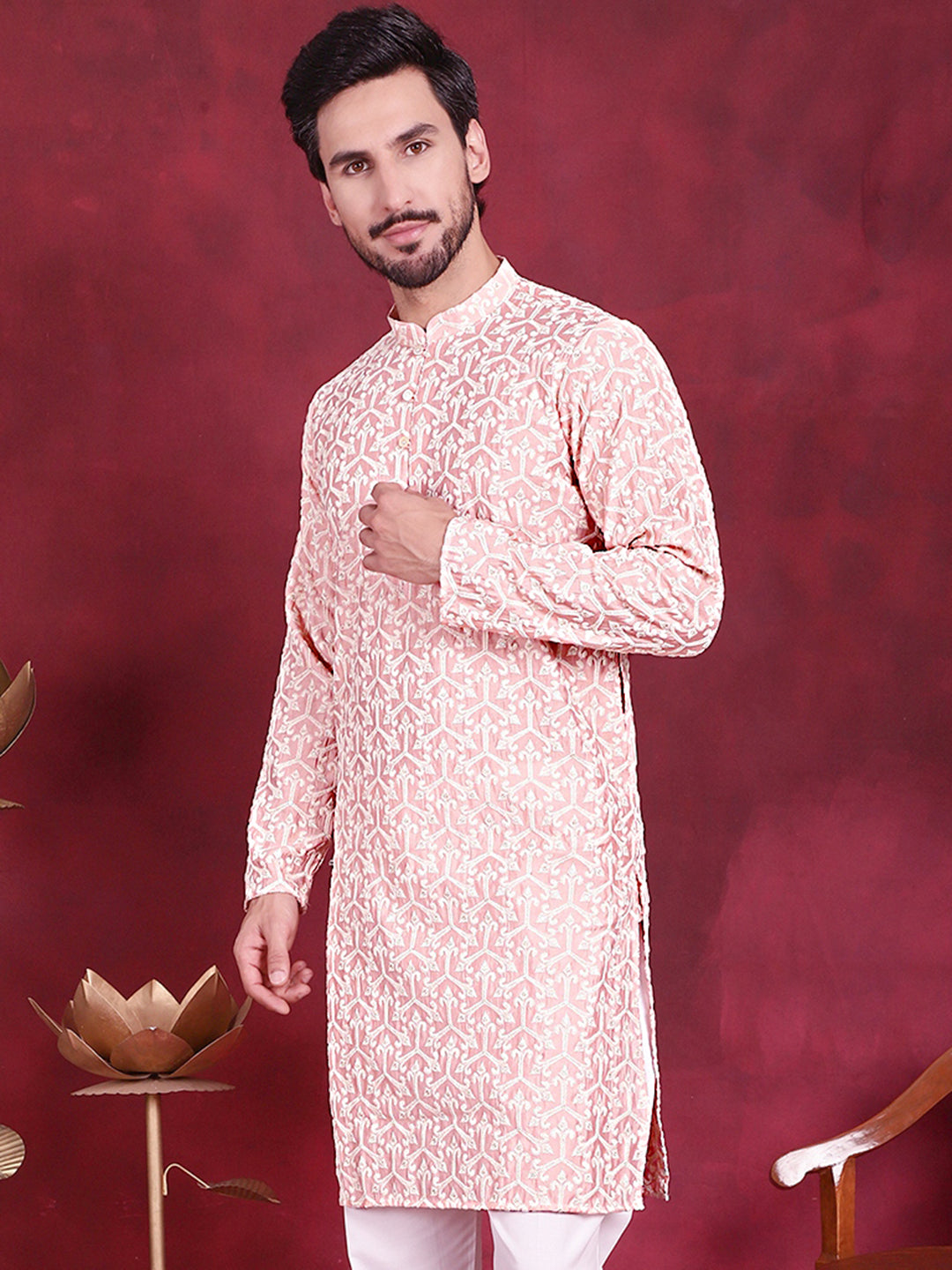 Jompers Men's Chikankari Embroidered Kurta - Pink | Grocsy