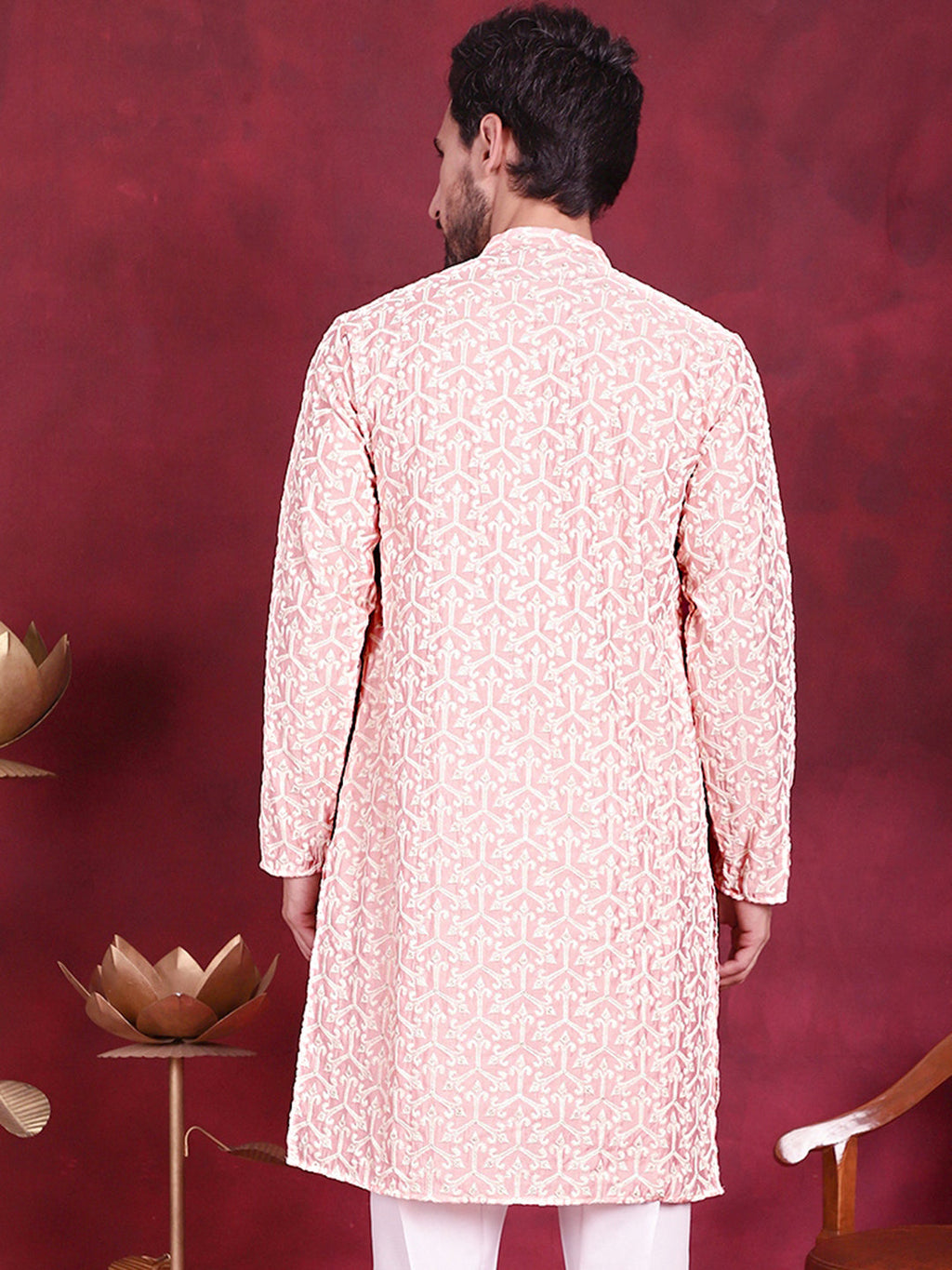 Jompers Men's Chikankari Embroidered Kurta - Pink | Grocsy
