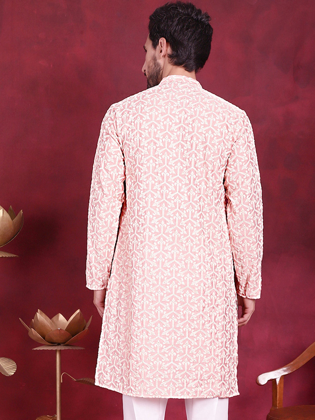 Jompers Men's Chikankari Embroidered Kurta - Pink | Grocsy