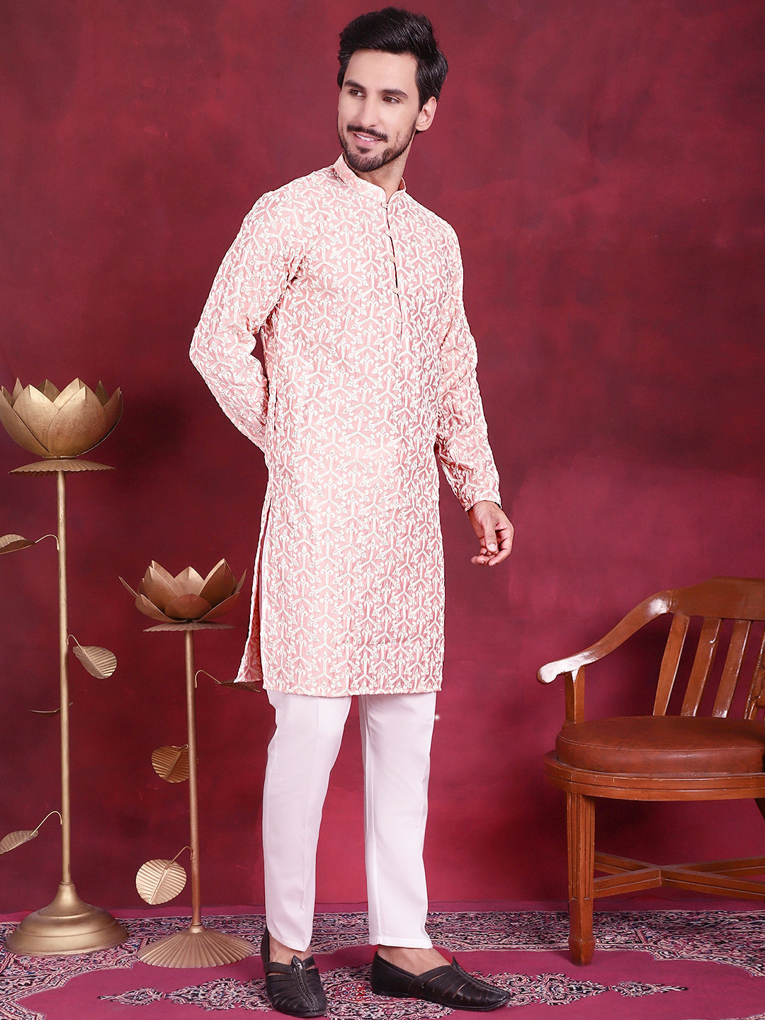 Jompers Men's Chikankari Embroidered Kurta - Pink | Grocsy