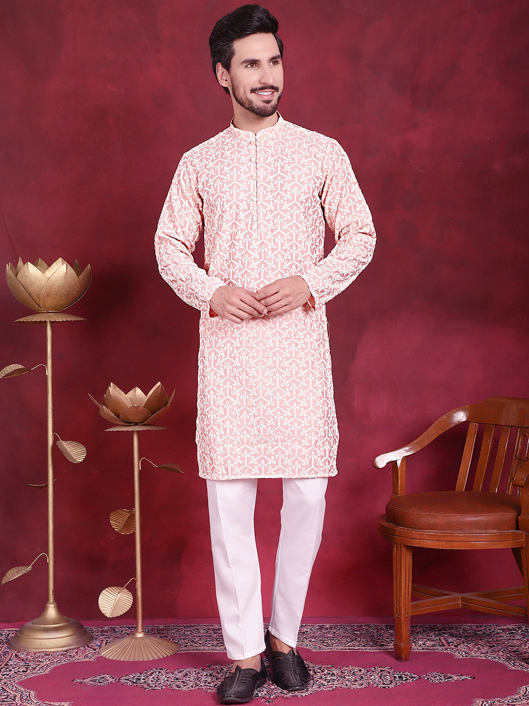 Jompers Men's Chikankari Embroidered Kurta - Pink | Grocsy
