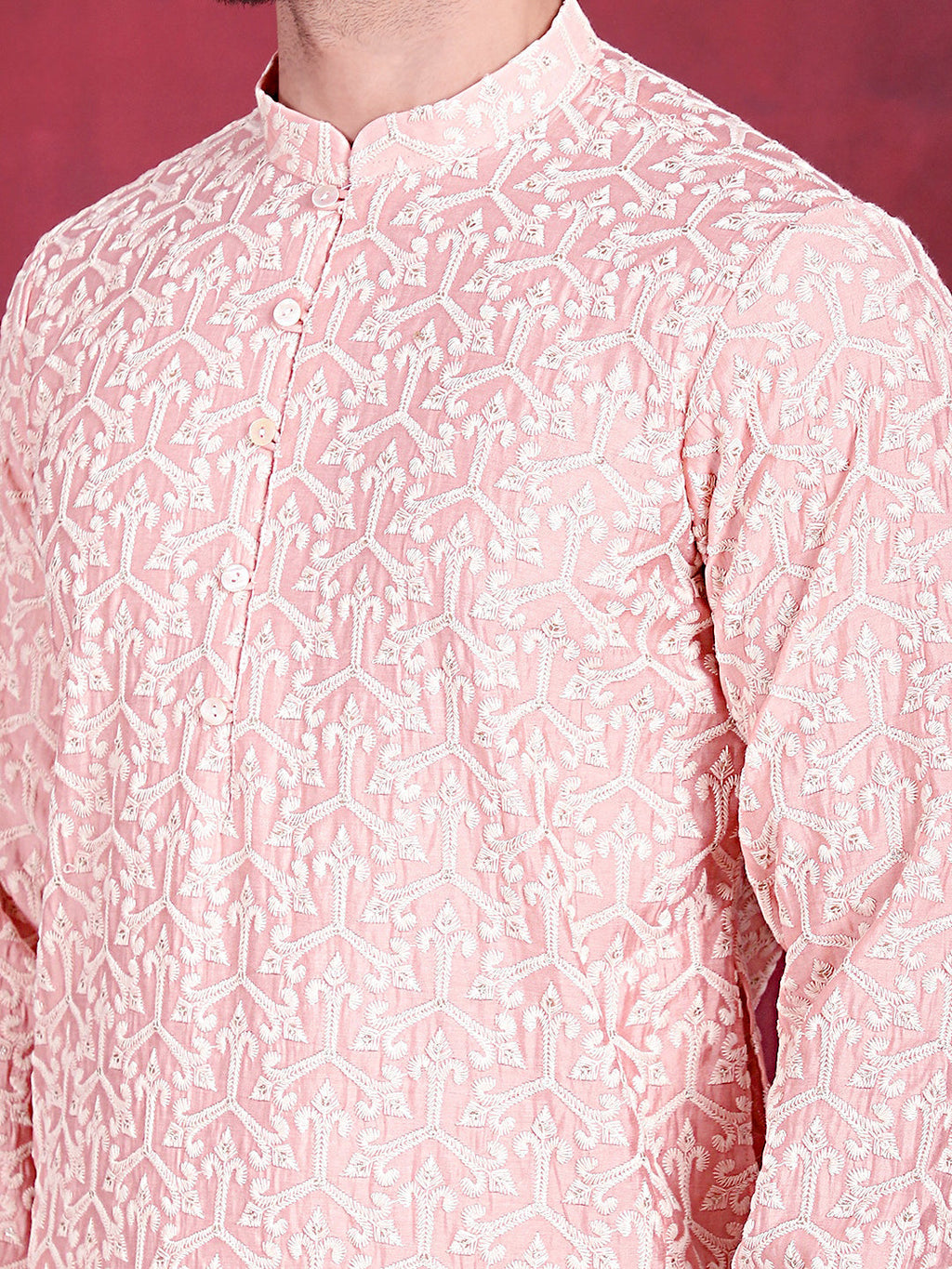 Jompers Men's Chikankari Embroidered Kurta - Pink | Grocsy