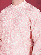 Jompers Men's Chikankari Embroidered Kurta - Pink | Grocsy