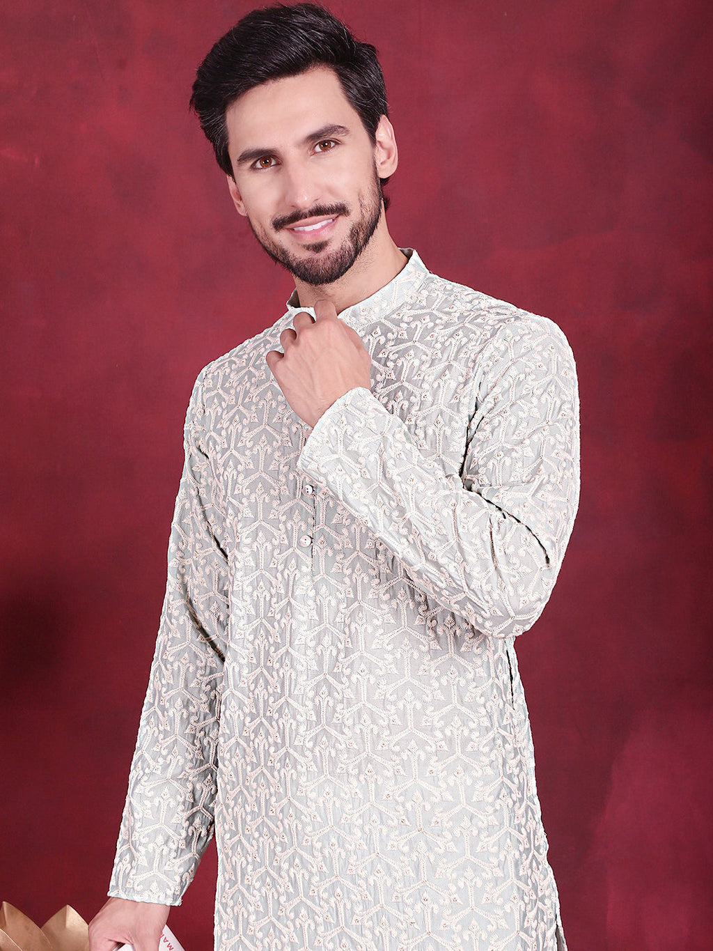 Jompers Men's Chikankari Embroidered Kurta - Pista | Grocsy