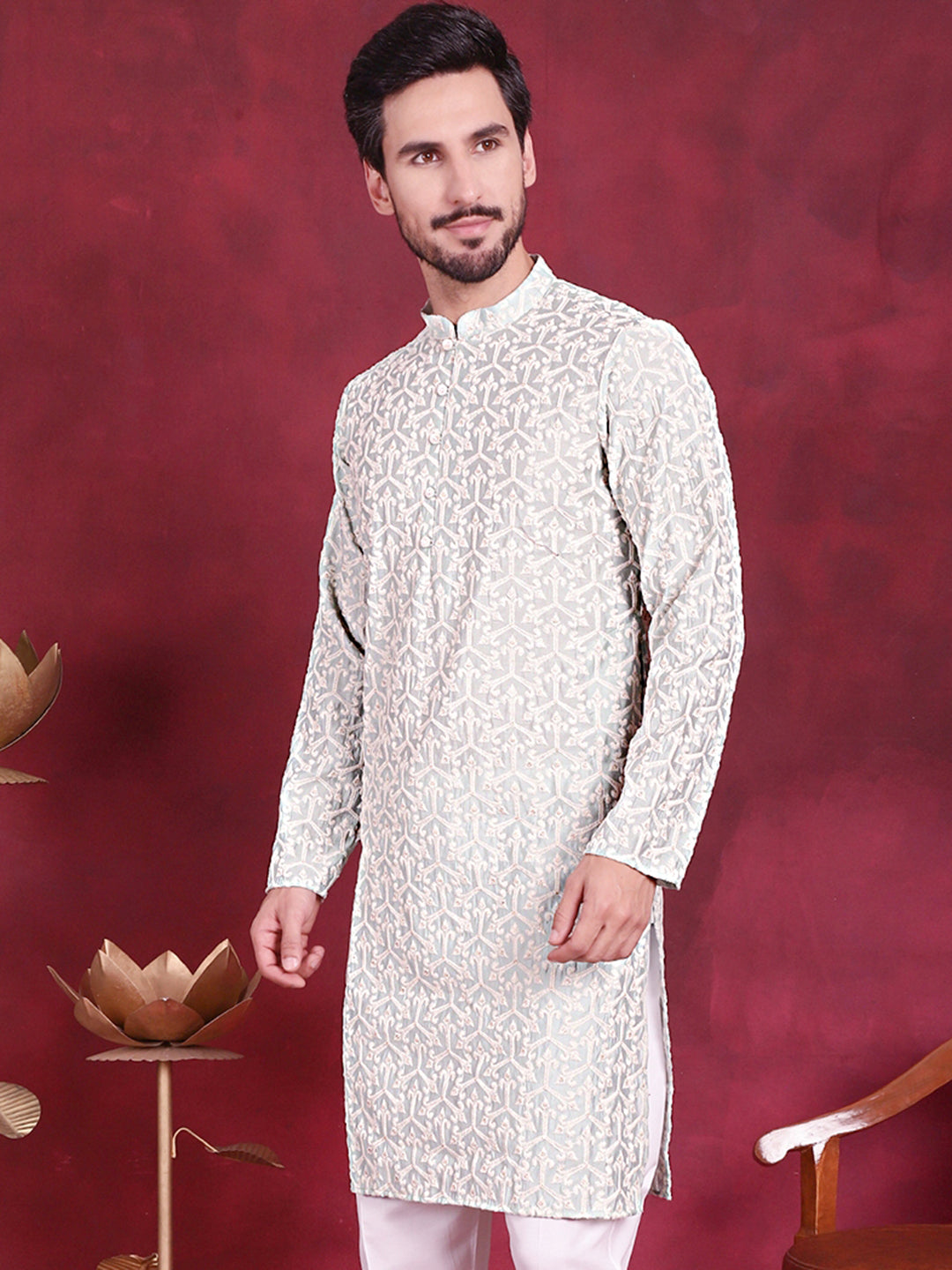 Jompers Men's Chikankari Embroidered Kurta - Pista | Grocsy