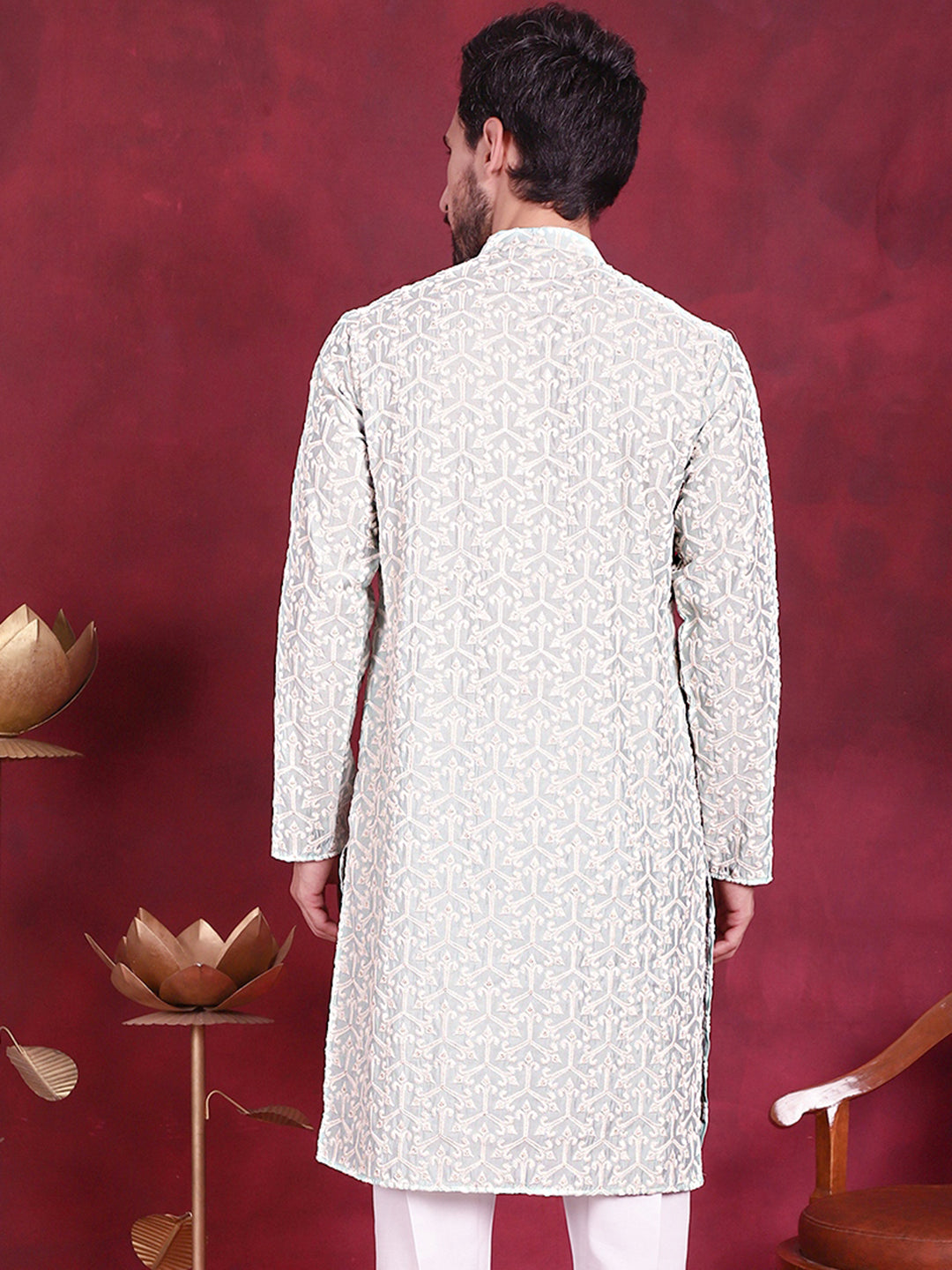 Jompers Men's Chikankari Embroidered Kurta - Pista | Grocsy