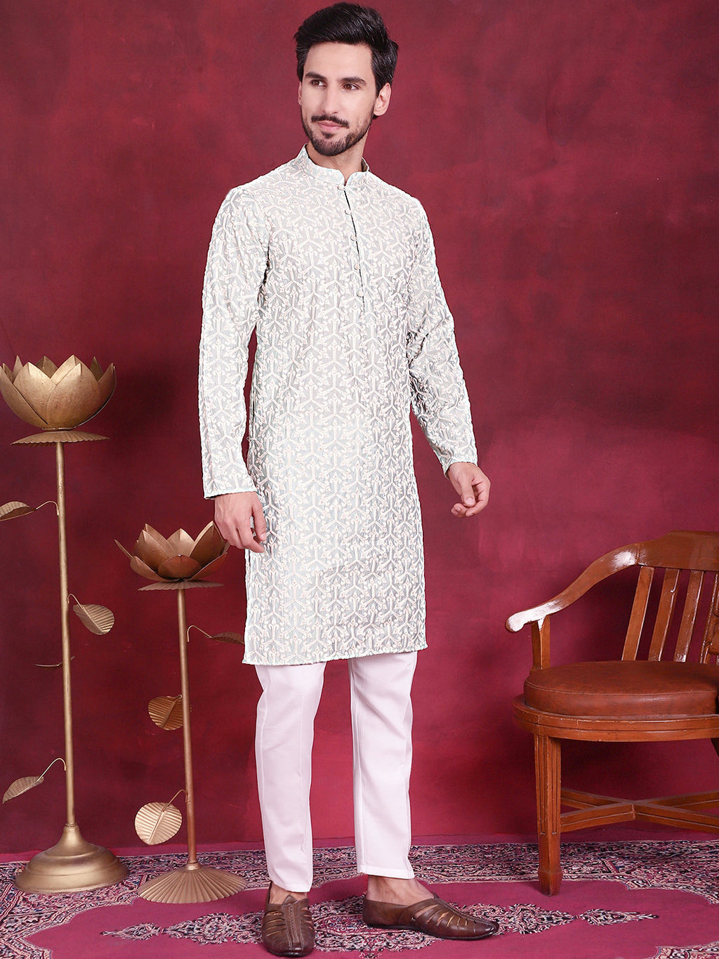 Jompers Men's Chikankari Embroidered Kurta - Pista | Grocsy