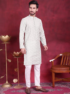 Jompers Men's Chikankari Embroidered Kurta - Pista | Grocsy