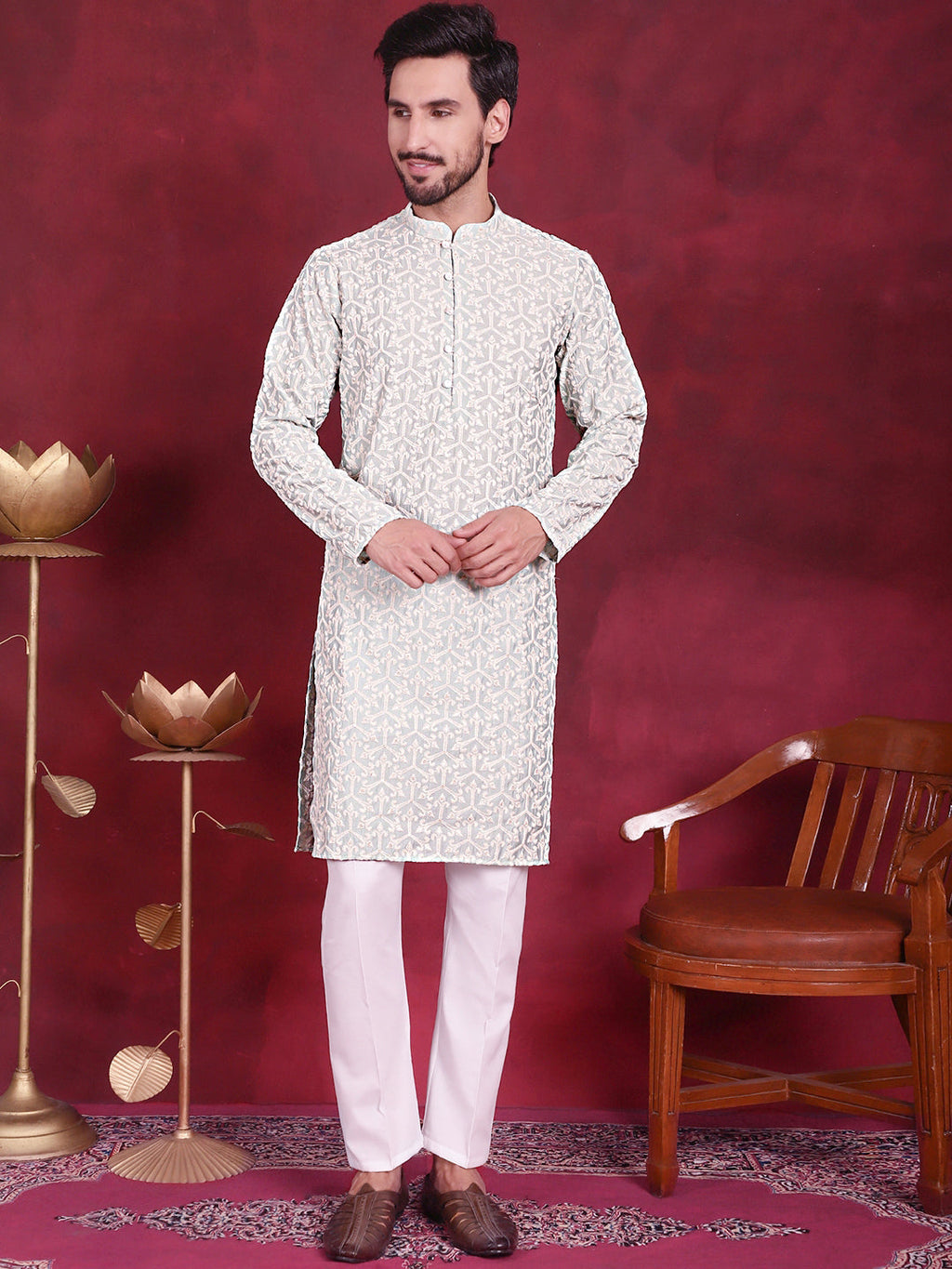 Jompers Men's Chikankari Embroidered Kurta - Pista | Grocsy