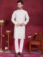 Jompers Men's Chikankari Embroidered Kurta - Pista | Grocsy
