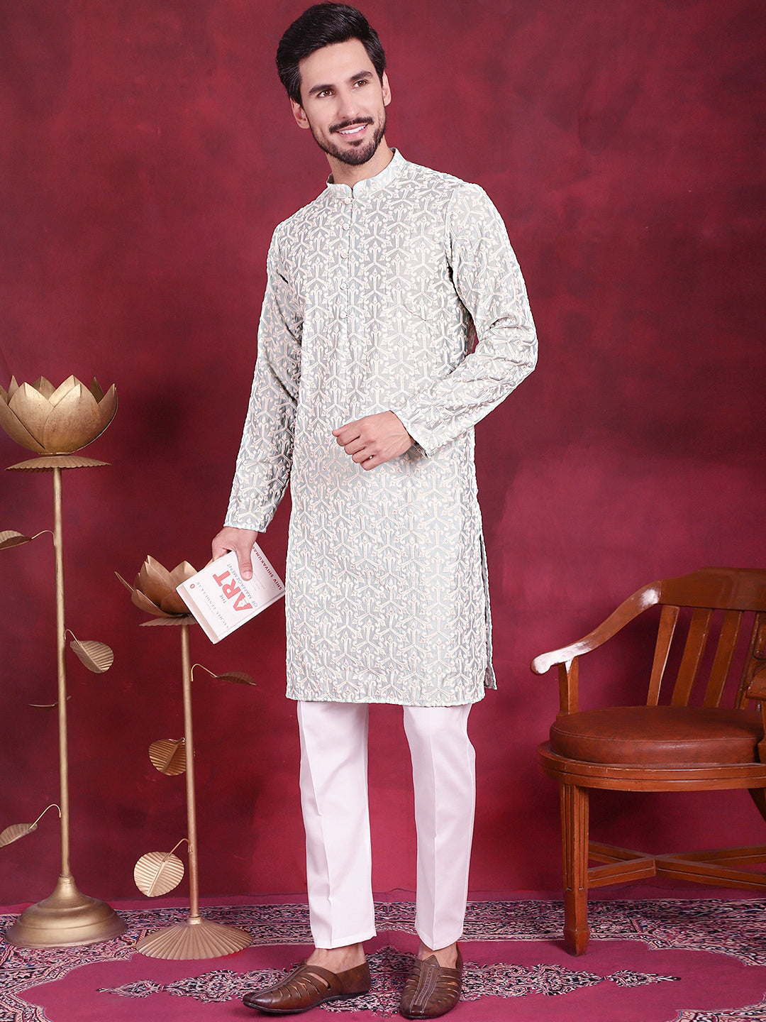 Jompers Men's Chikankari Embroidered Kurta - Pista | Grocsy