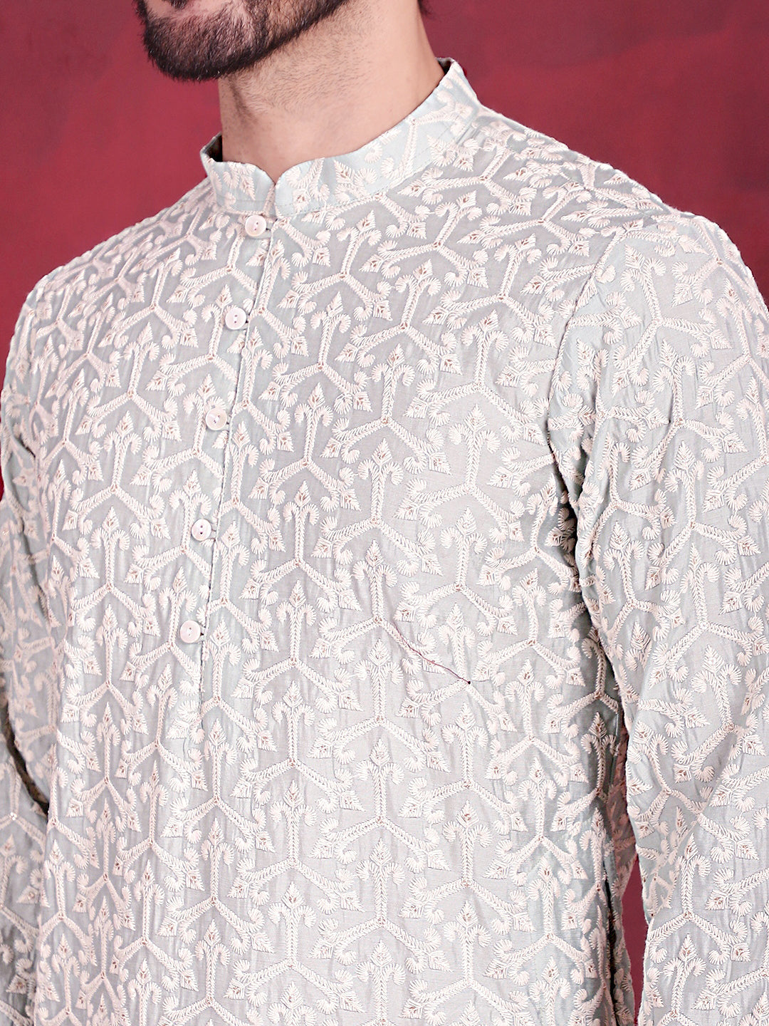 Jompers Men's Chikankari Embroidered Kurta - Pista | Grocsy