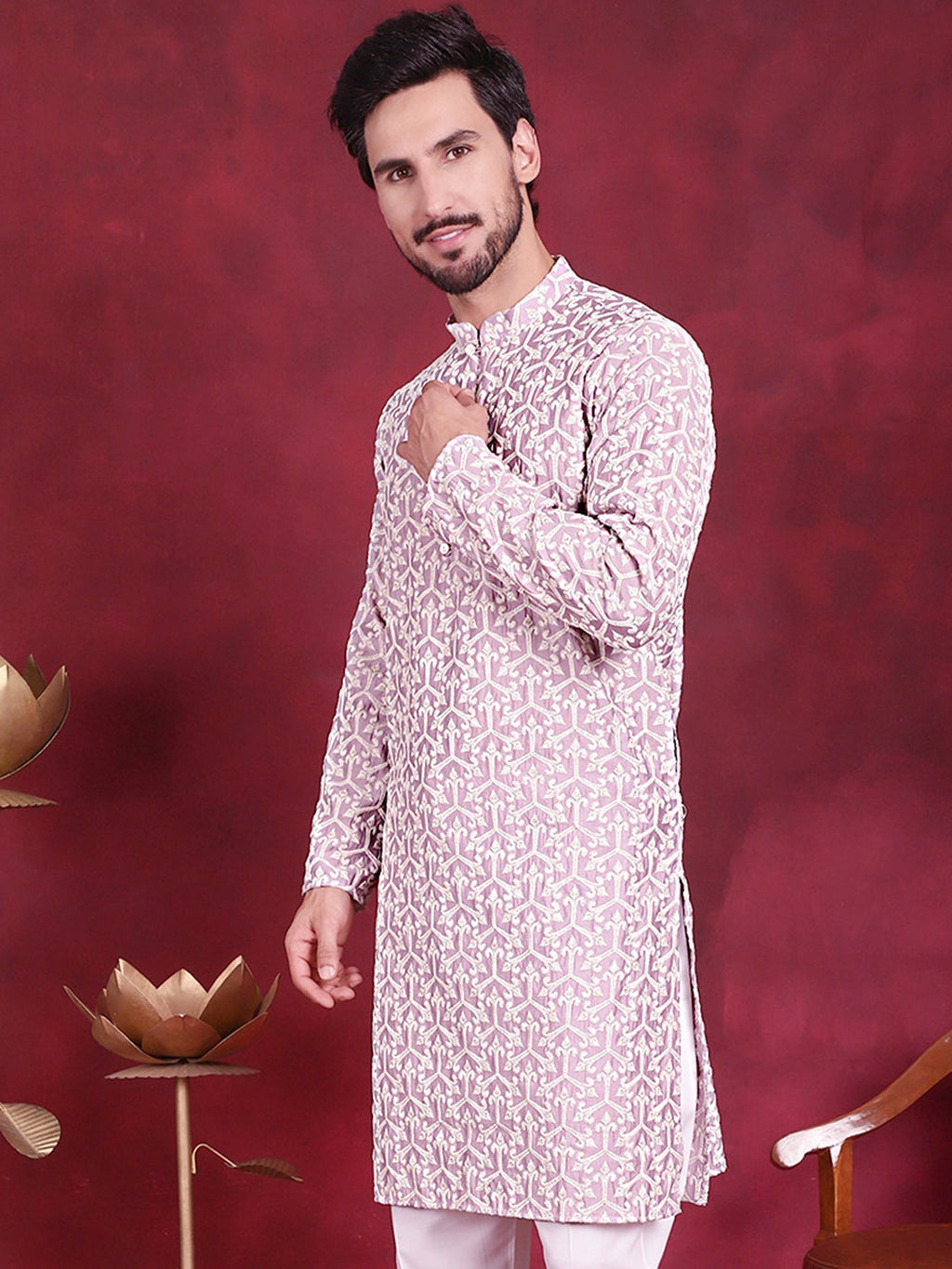Jompers Men's Chikankari Embroidered Kurta - Purple | Grocsy