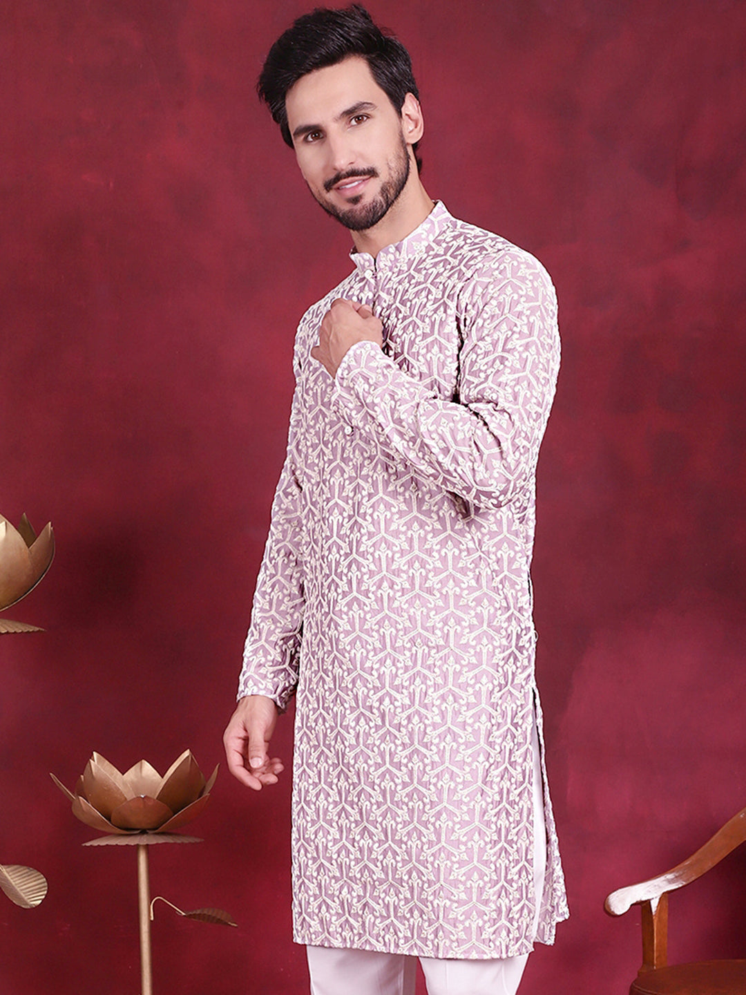 Jompers Men's Chikankari Embroidered Kurta - Purple | Grocsy