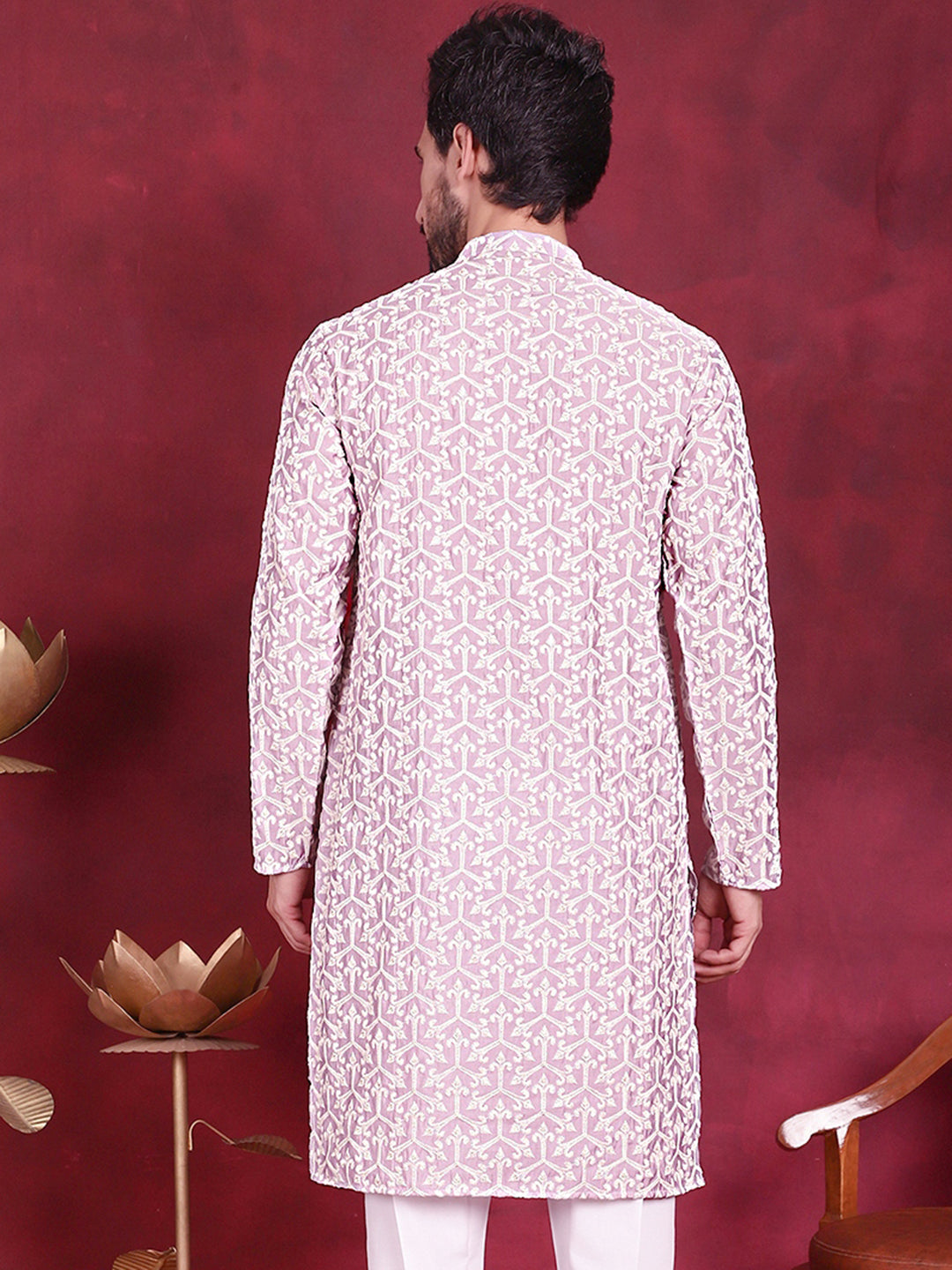 Jompers Men's Chikankari Embroidered Kurta - Purple | Grocsy