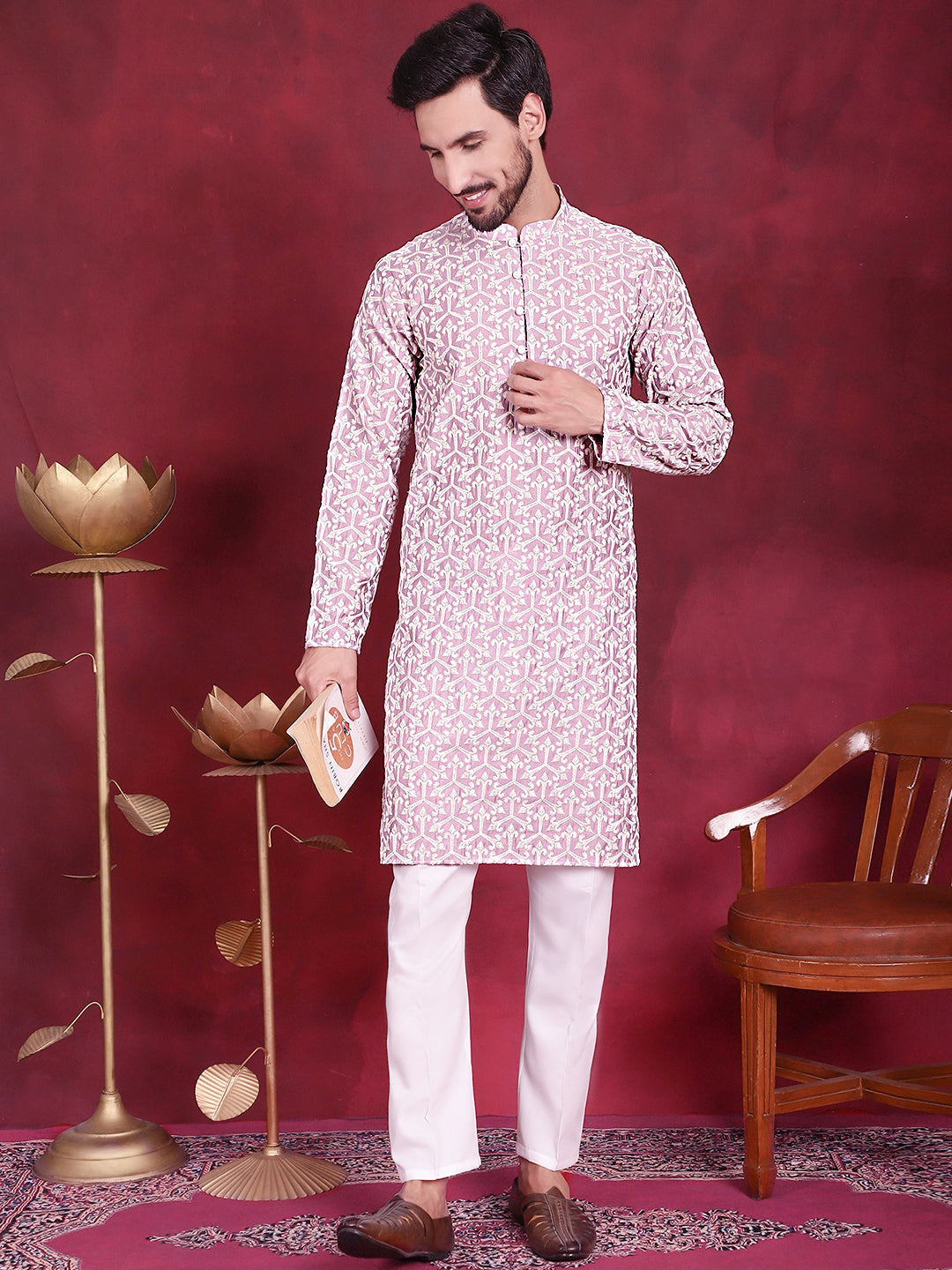 Jompers Men's Chikankari Embroidered Kurta - Purple | Grocsy