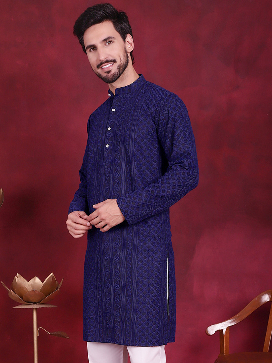Jompers Men's Chikankari Embroidered Kurta - Navy Blue | Grocsy