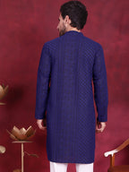 Jompers Men's Chikankari Embroidered Kurta - Navy Blue | Grocsy