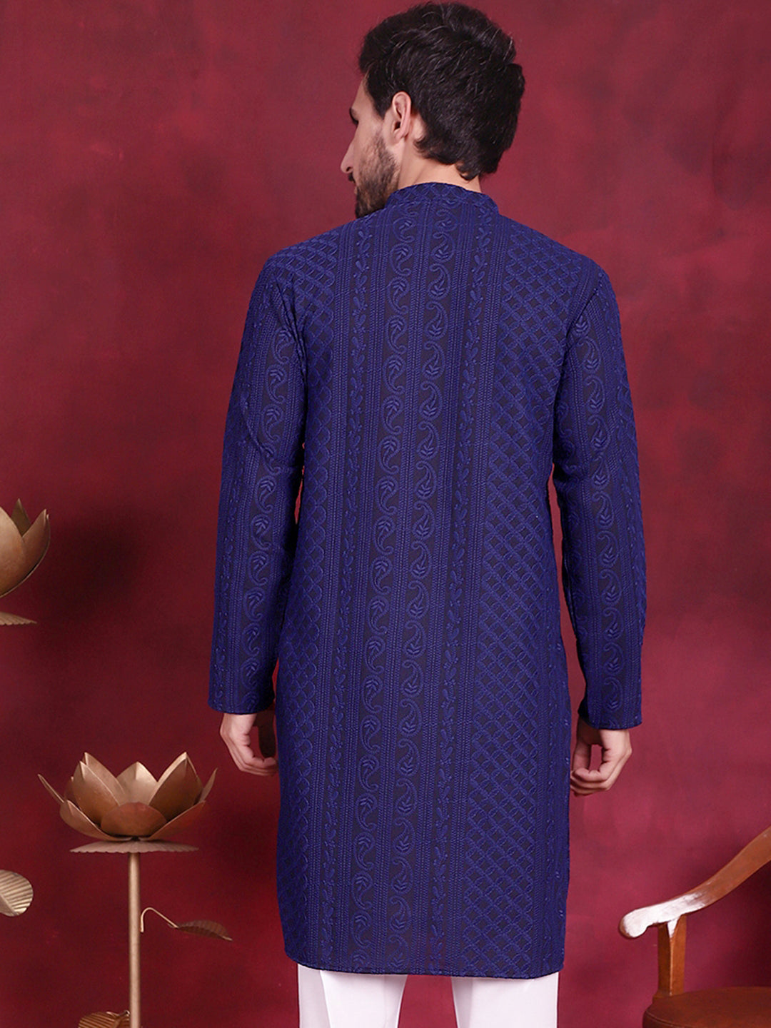 Jompers Men's Chikankari Embroidered Kurta - Navy Blue | Grocsy