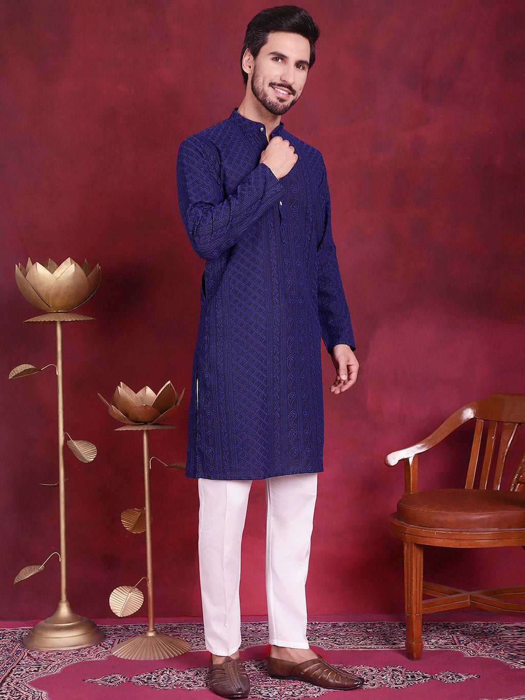 Jompers Men's Chikankari Embroidered Kurta - Navy Blue | Grocsy