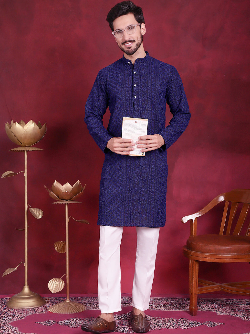 Jompers Men's Chikankari Embroidered Kurta - Navy Blue | Grocsy