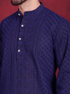 Jompers Men's Chikankari Embroidered Kurta - Navy Blue | Grocsy