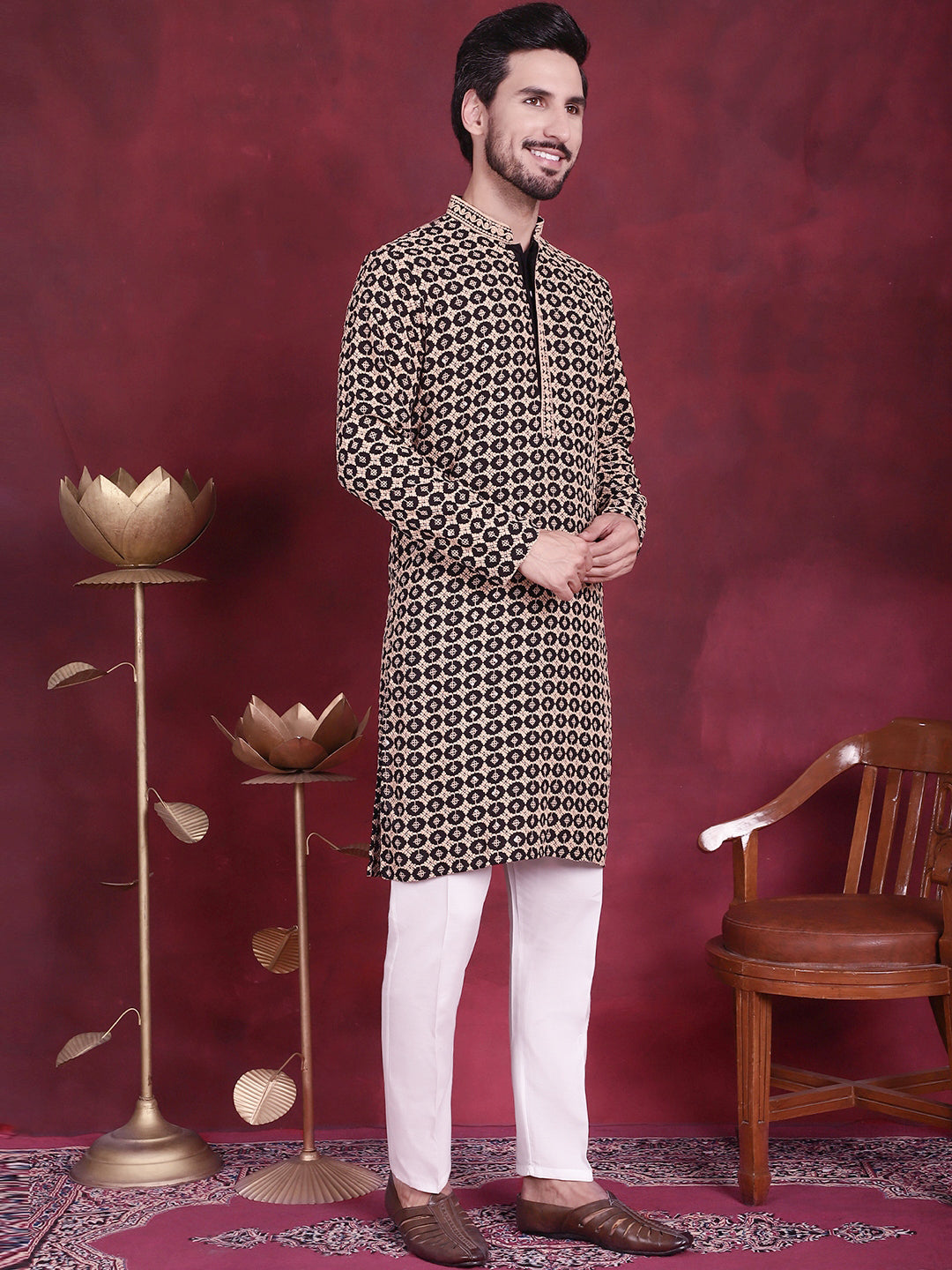 Jompers Men's Sequins Embroidered Kurta - Black | Grocsy