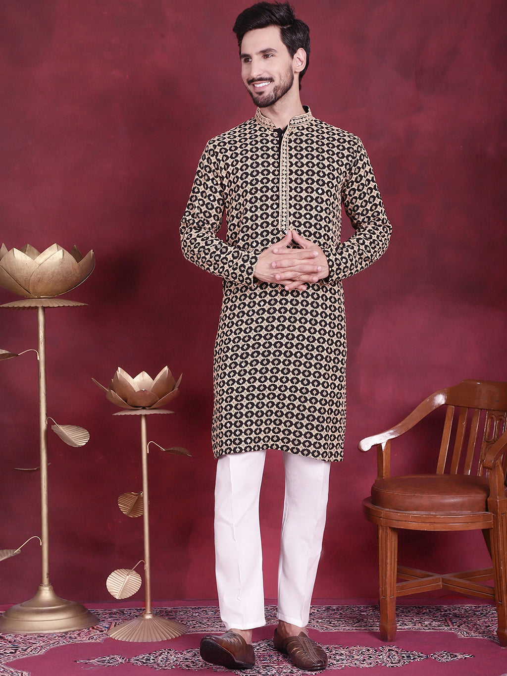 Jompers Men's Sequins Embroidered Kurta - Black | Grocsy