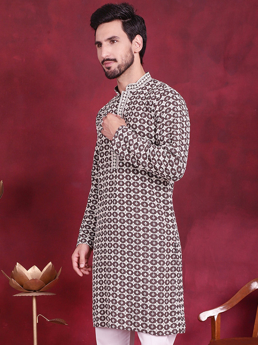 Jompers Men's Sequins Embroidered Kurta - Brown | Grocsy