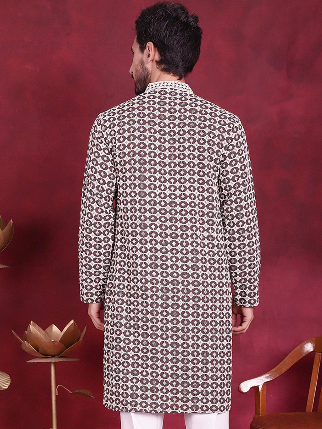 Jompers Men's Sequins Embroidered Kurta - Brown | Grocsy