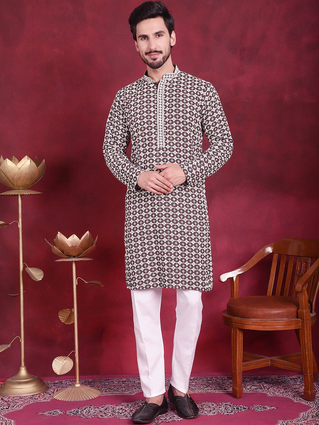 Jompers Men's Sequins Embroidered Kurta - Brown | Grocsy