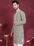Jompers Men's Sequins Embroidered Kurta - Mehndi | Grocsy