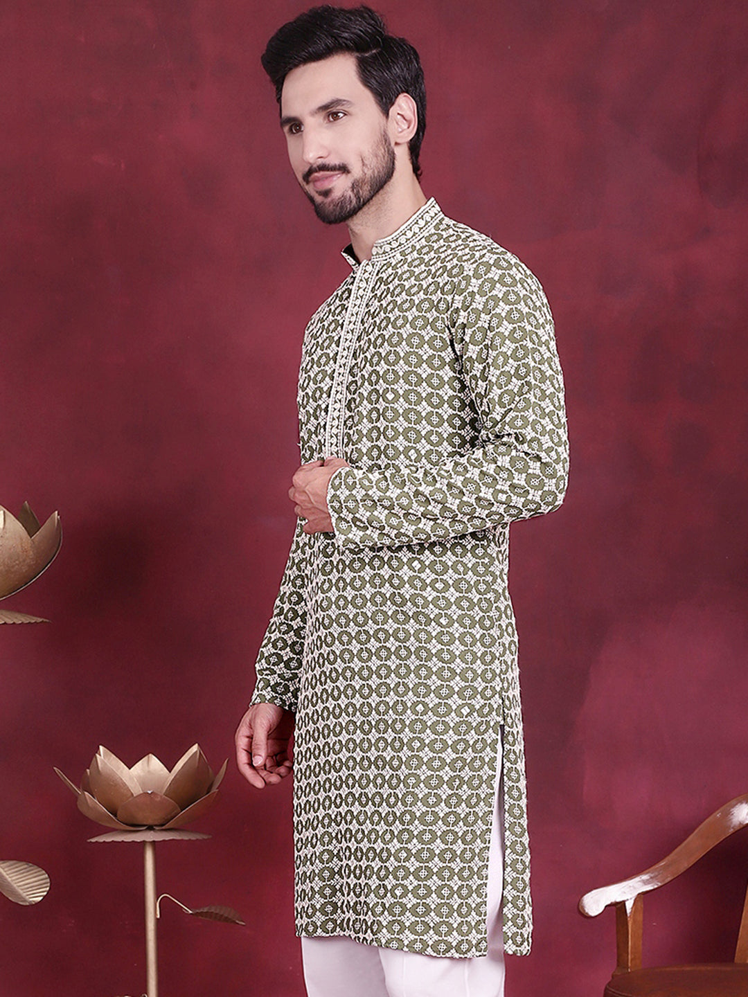 Jompers Men's Sequins Embroidered Kurta - Mehndi | Grocsy