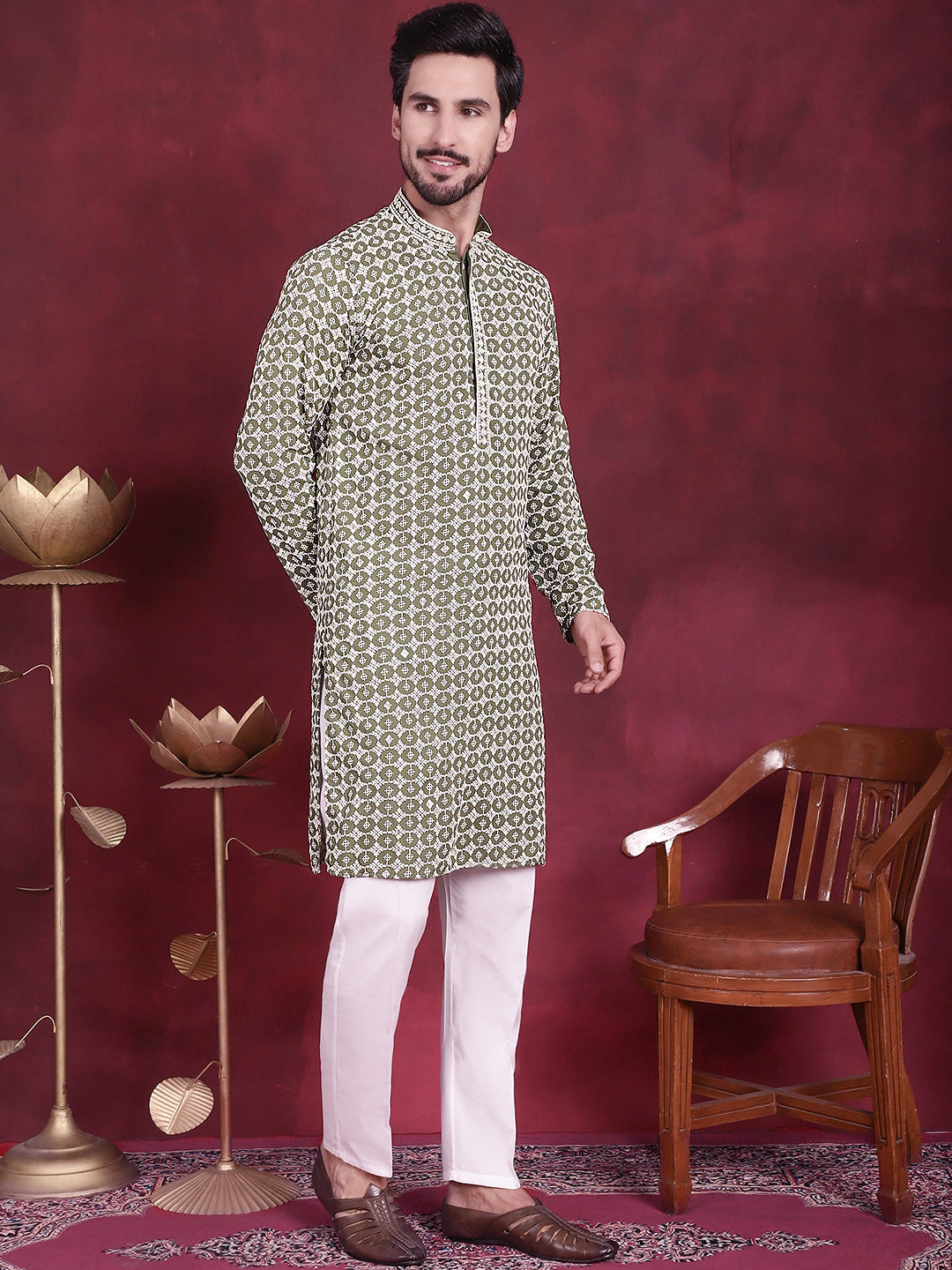 Jompers Men's Sequins Embroidered Kurta - Mehndi | Grocsy