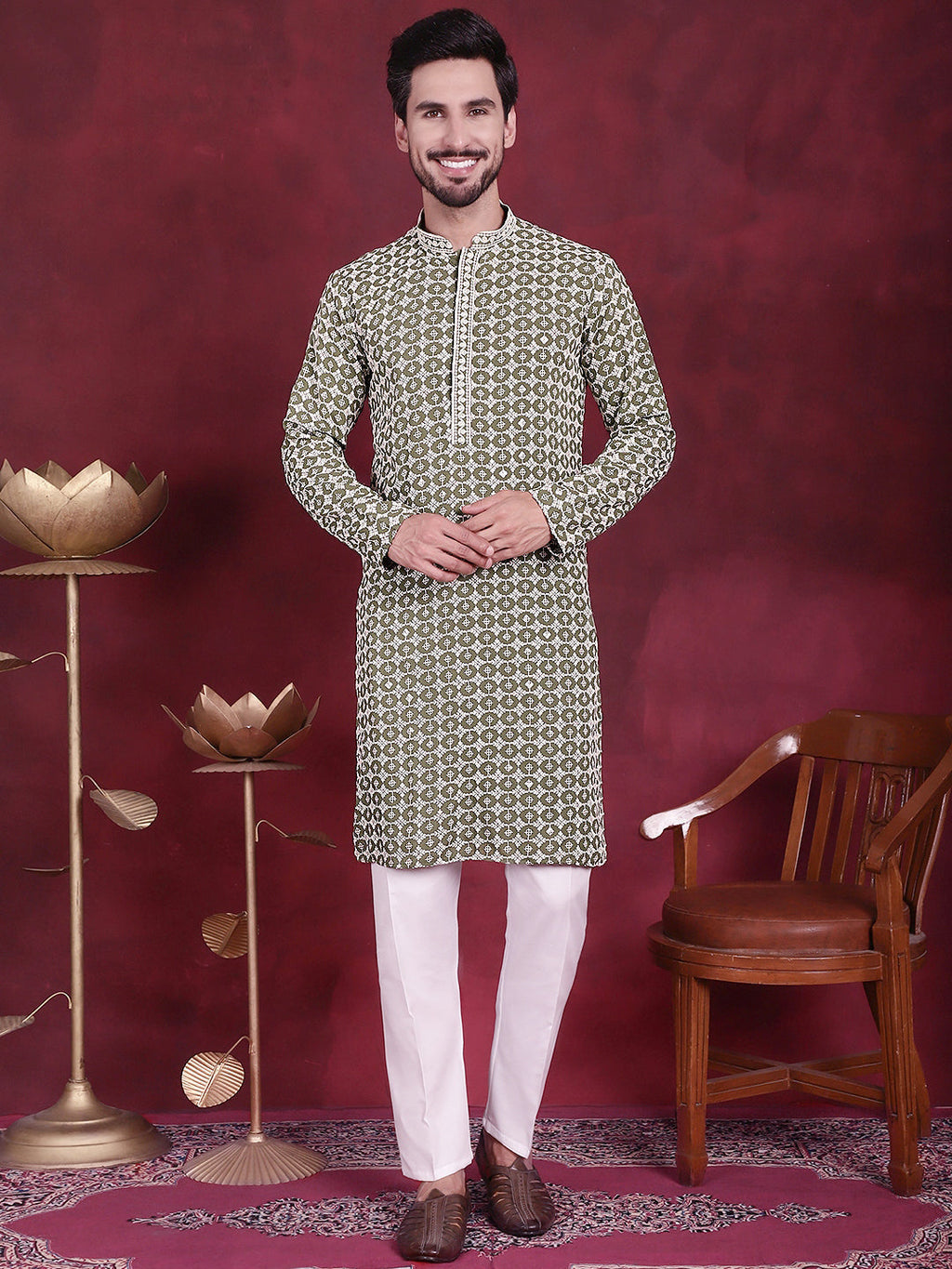 Jompers Men's Sequins Embroidered Kurta - Mehndi | Grocsy