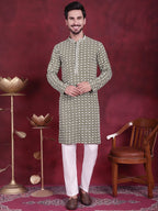 Jompers Men's Sequins Embroidered Kurta - Mehndi | Grocsy